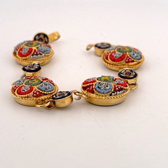 Vintage Italian gold plate micro mosaic link bracelet with white blue red colors - Picture 2 of 4
